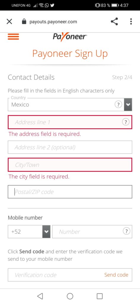 Como abrir una cuenta en Payoneer México paso 5