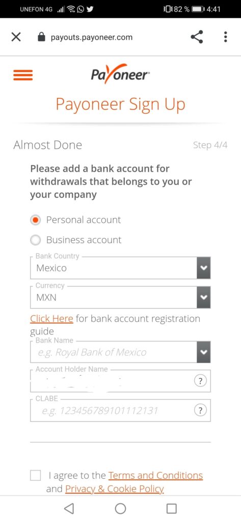 Como abrir una cuenta en Payoneer México paso 7