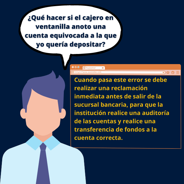 Cuando pasa este error se debe realizar una reclamación inmediata antes de salir de la sucursal bancaria, para que la institución realice una auditoría de las cuentas y realice una transferencia de fondos a la cuenta correcta.