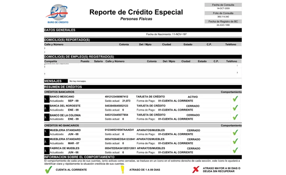 Ejemplo de reporte de crédito especial