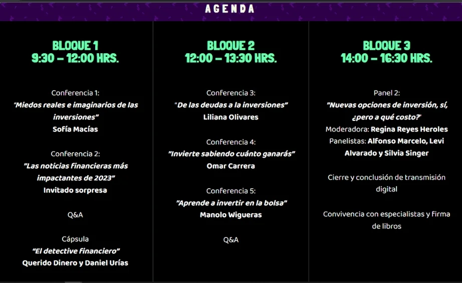 Agenda con todo el programa de conferencias y eventos