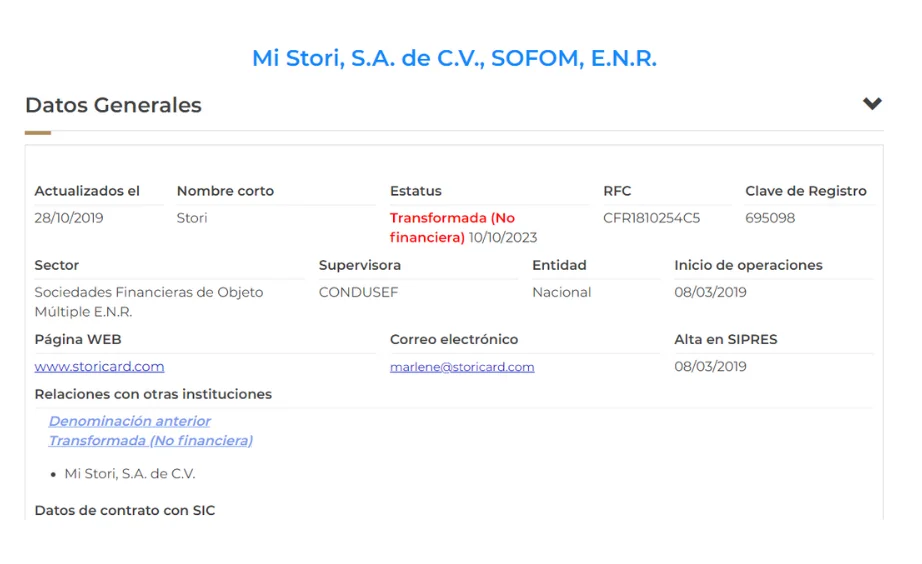 STORI paso a ser una empresa NO FINANCIERA