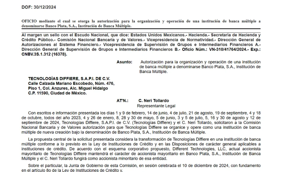 Autorización de la CNBV para que Banco Plata opere como Banco DOF